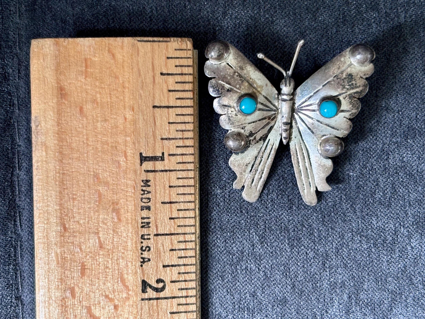 Vintage Mexican Sterling Silver Butterfly Brooch with Turquoise – Stamped FM, 1950s