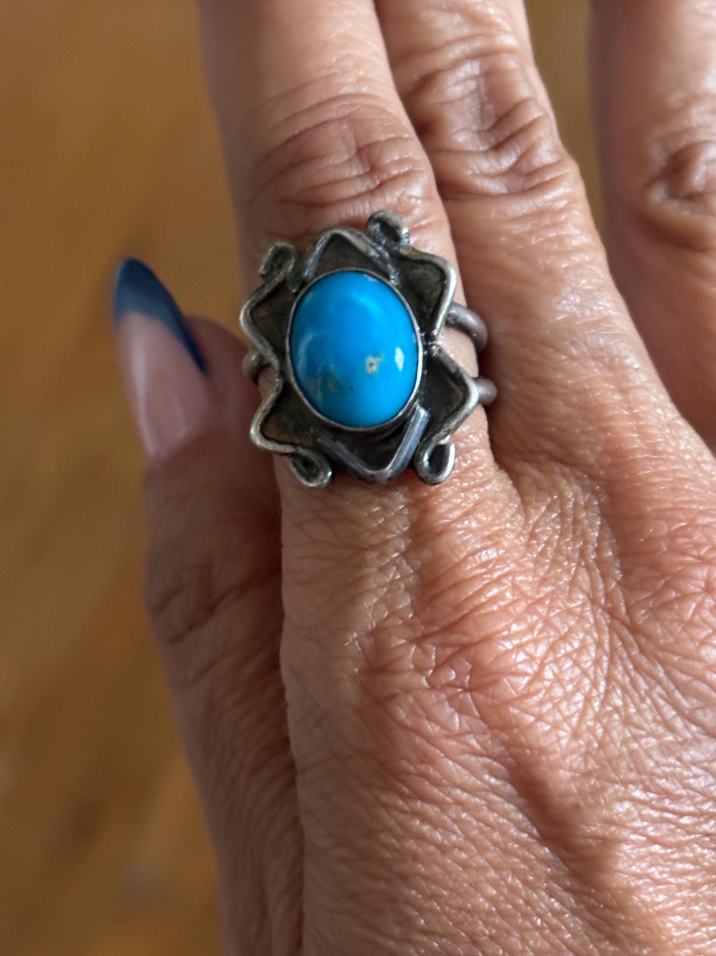 Vintage Sand Cast Navajo Sterling Silver and Turquoise Ring, Size 8