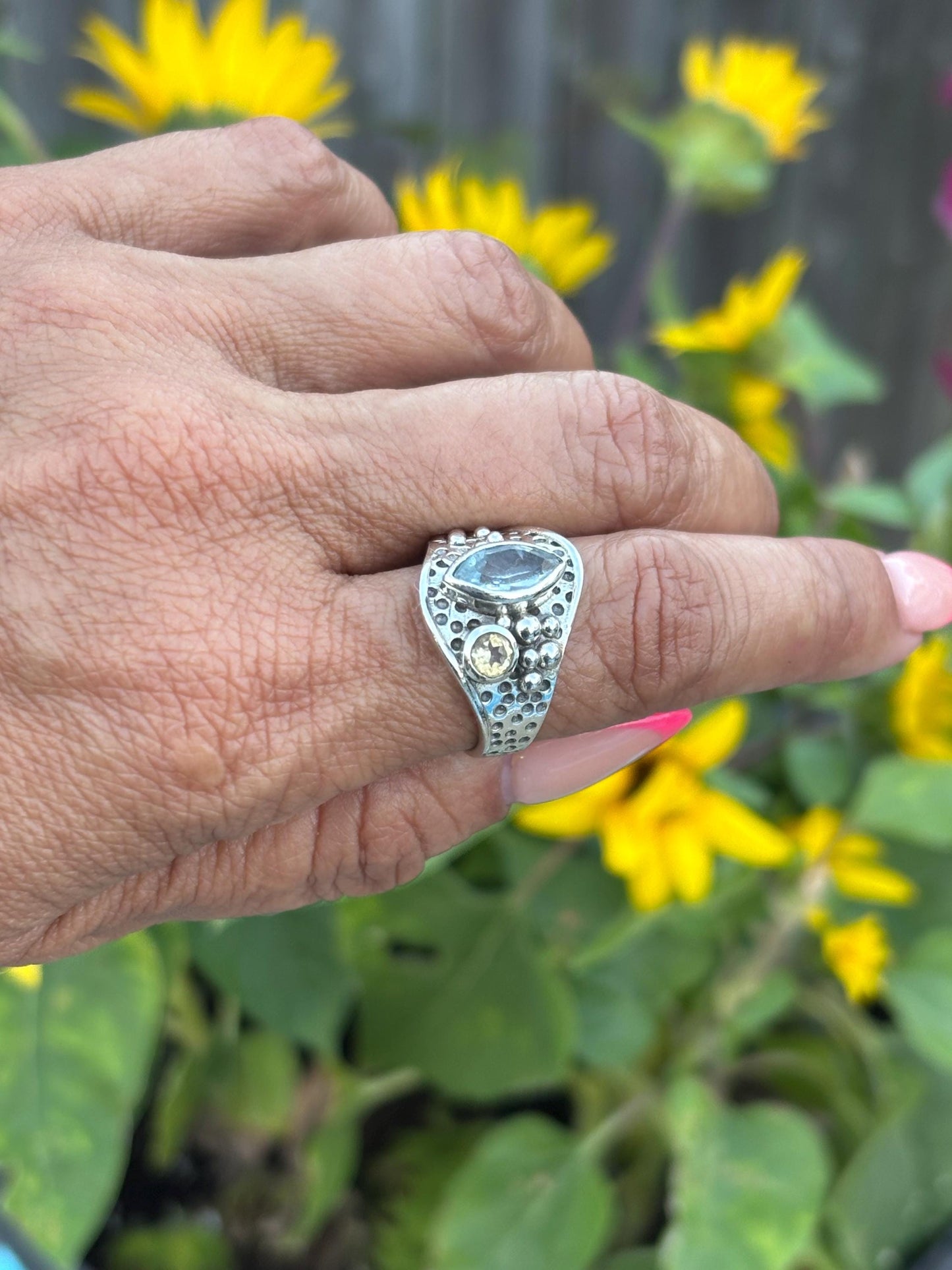 Sterling Silver Ring with Faceted Blue & Citrine Gemstones – Bold Boho Statementy | Size 8