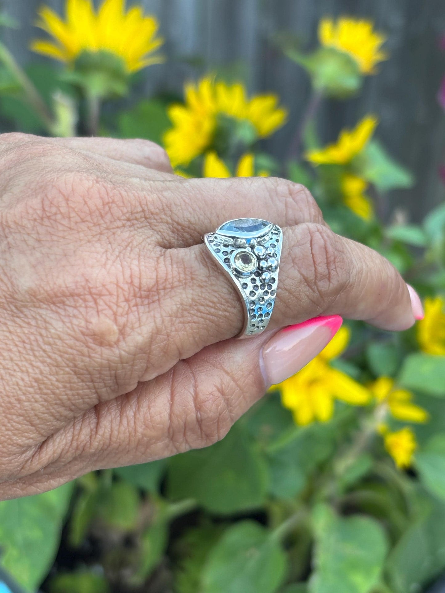 Sterling Silver Ring with Faceted Blue & Citrine Gemstones – Bold Boho Statementy | Size 8