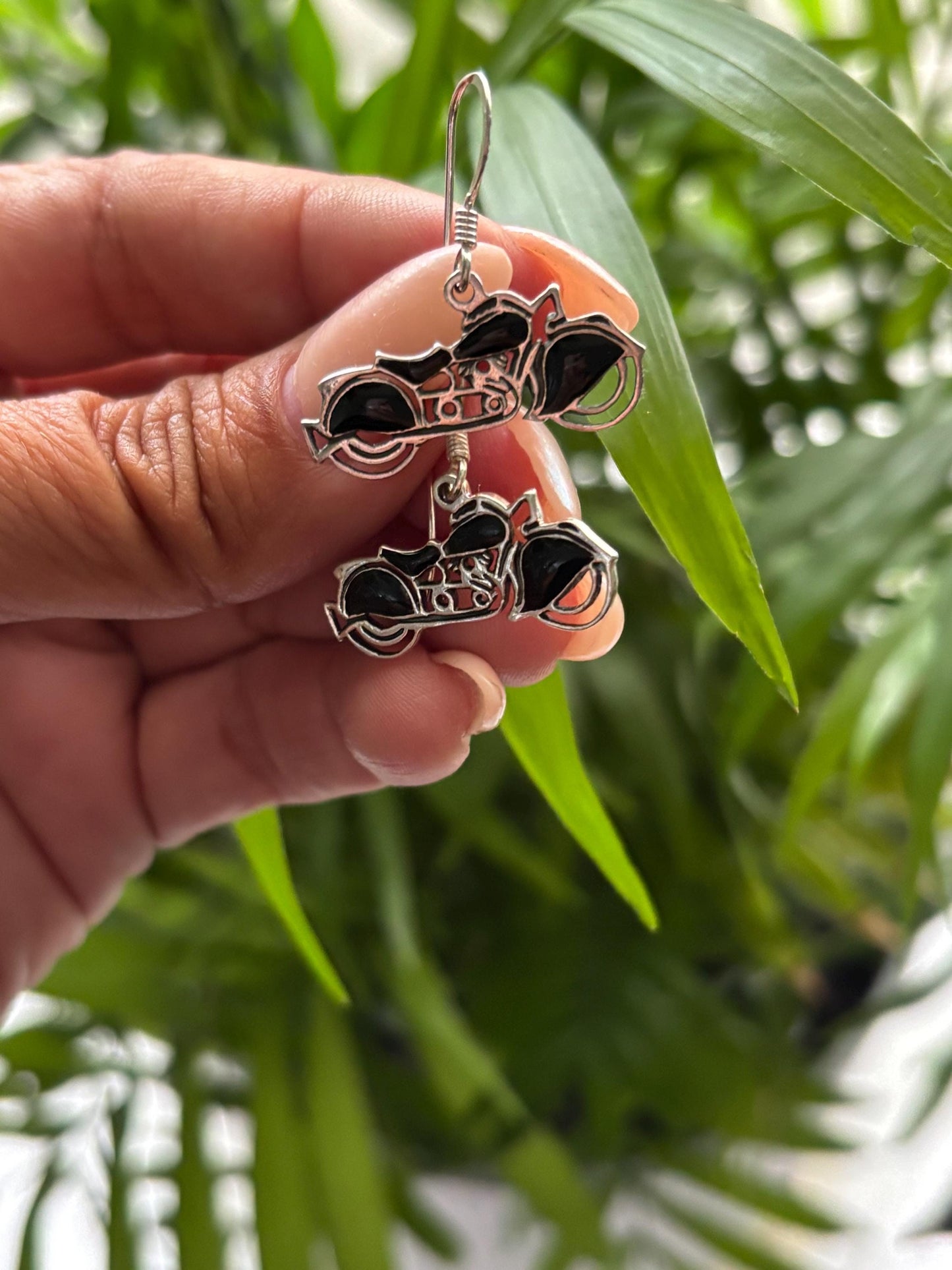 Vintage Sterling Silver Motorcycle Earrings with Black Accents