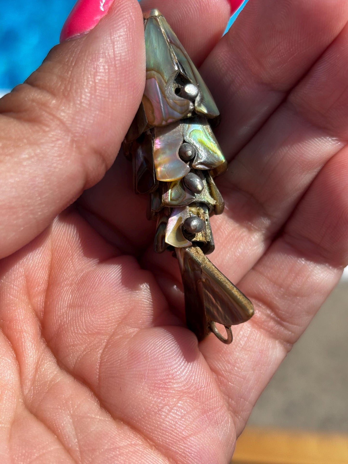 Vintage Articulated Mexican Fish Pendant/Keychain Bottle Opener with Abalone Inlay