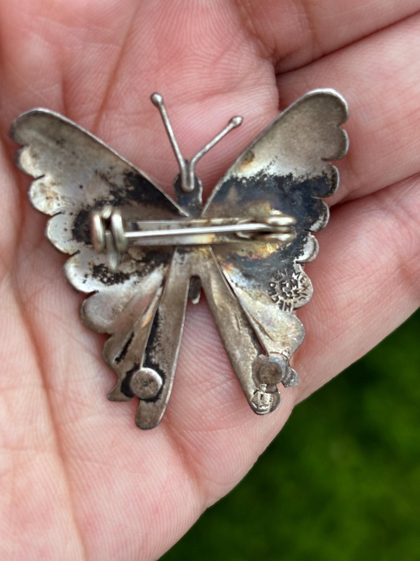 Vintage Mexican Sterling Silver Butterfly Brooch with Turquoise – Stamped FM, 1950s