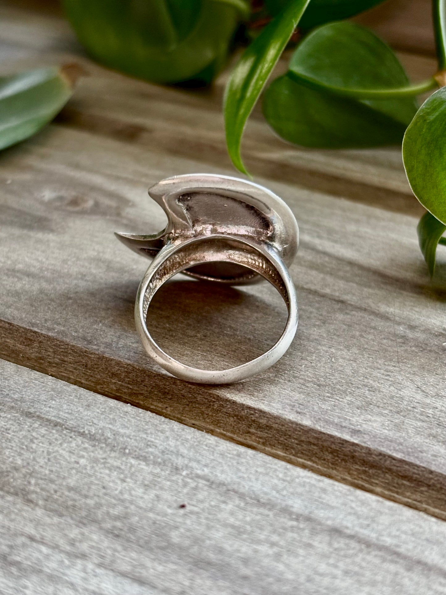 Modernist Sterling Silver Crescent Ring. Sculptural Moon Shaped Statement Ring. Size 9–9.25