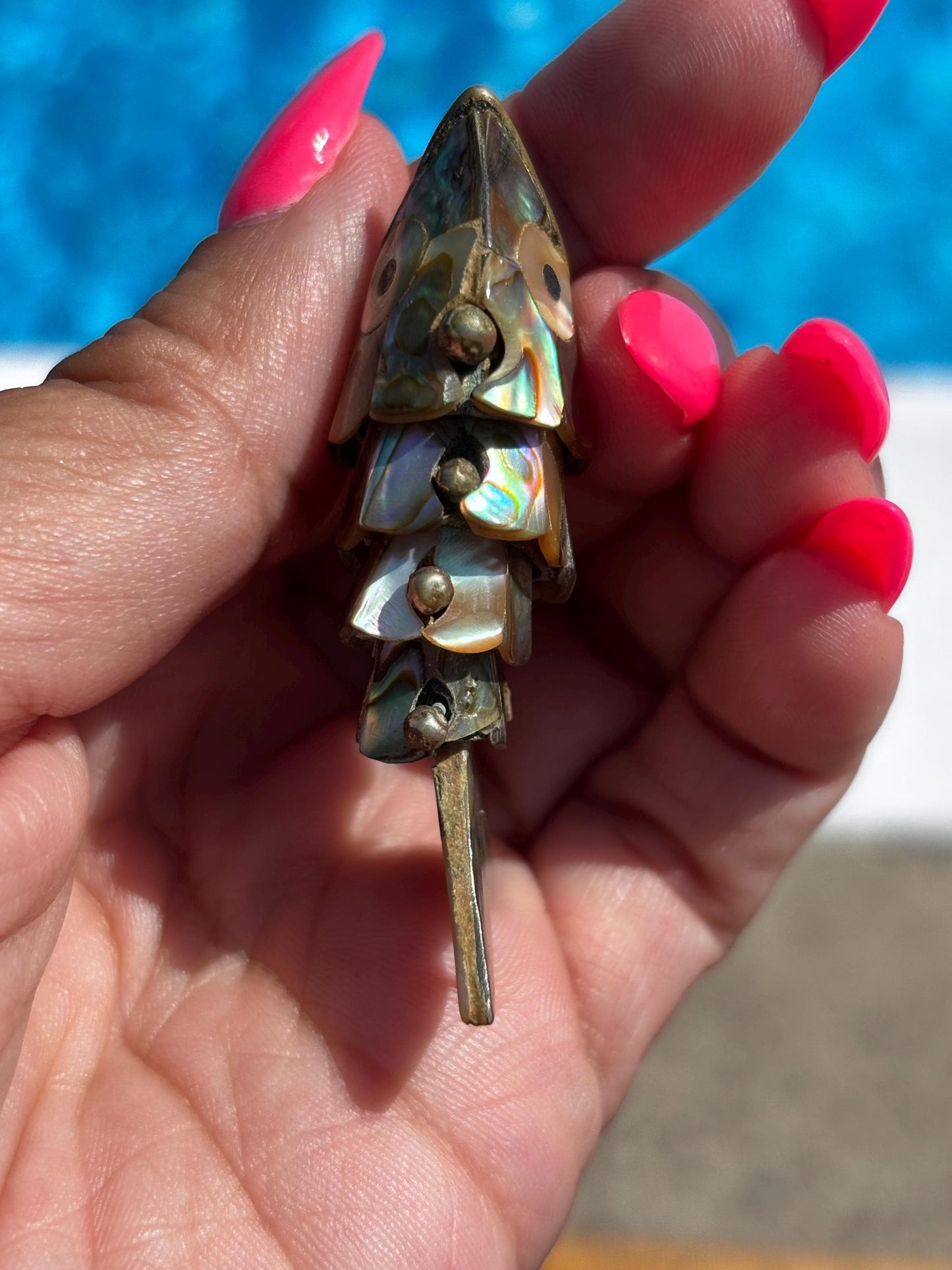 Vintage Articulated Mexican Fish Pendant/Keychain Bottle Opener with Abalone Inlay