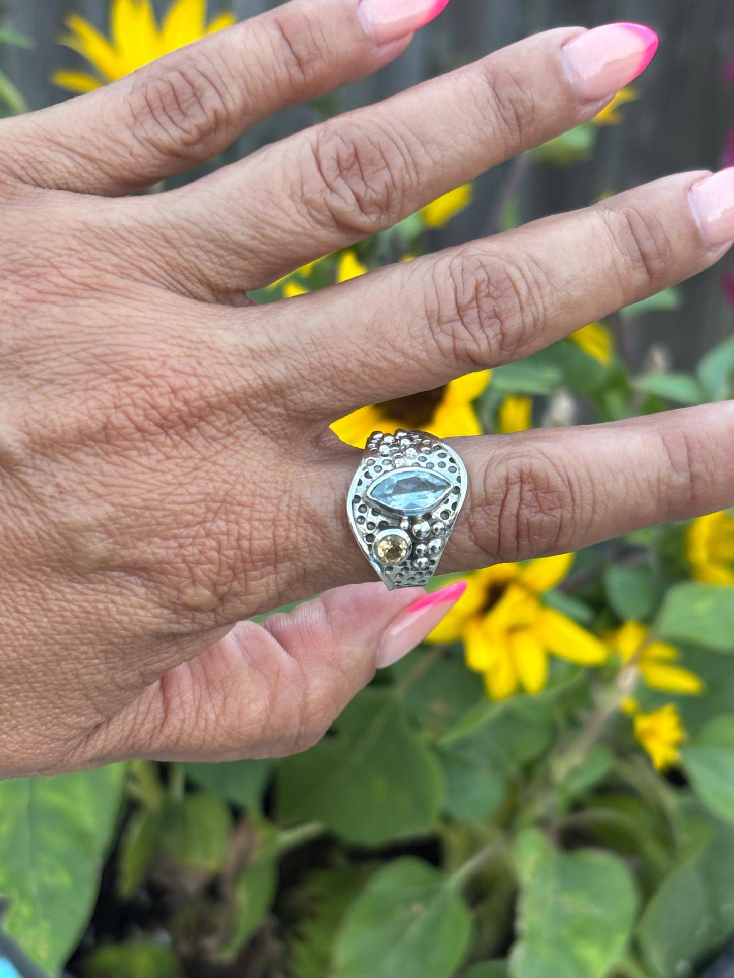 Sterling Silver Ring with Faceted Blue & Citrine Gemstones – Bold Boho Statementy | Size 8