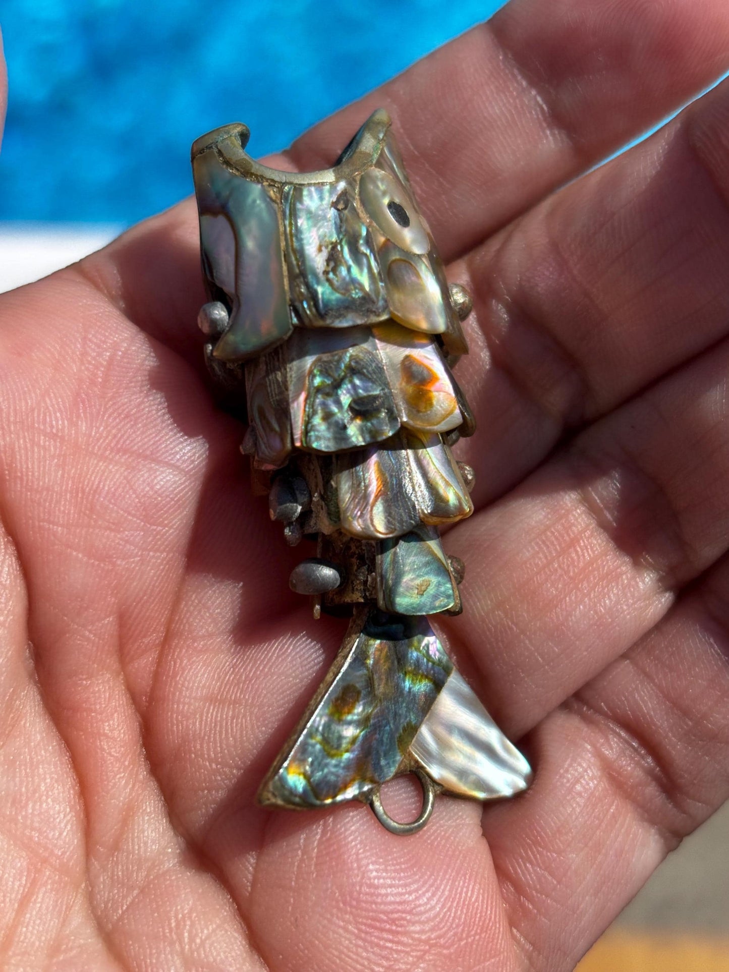 Vintage Articulated Mexican Fish Pendant/Keychain Bottle Opener with Abalone Inlay
