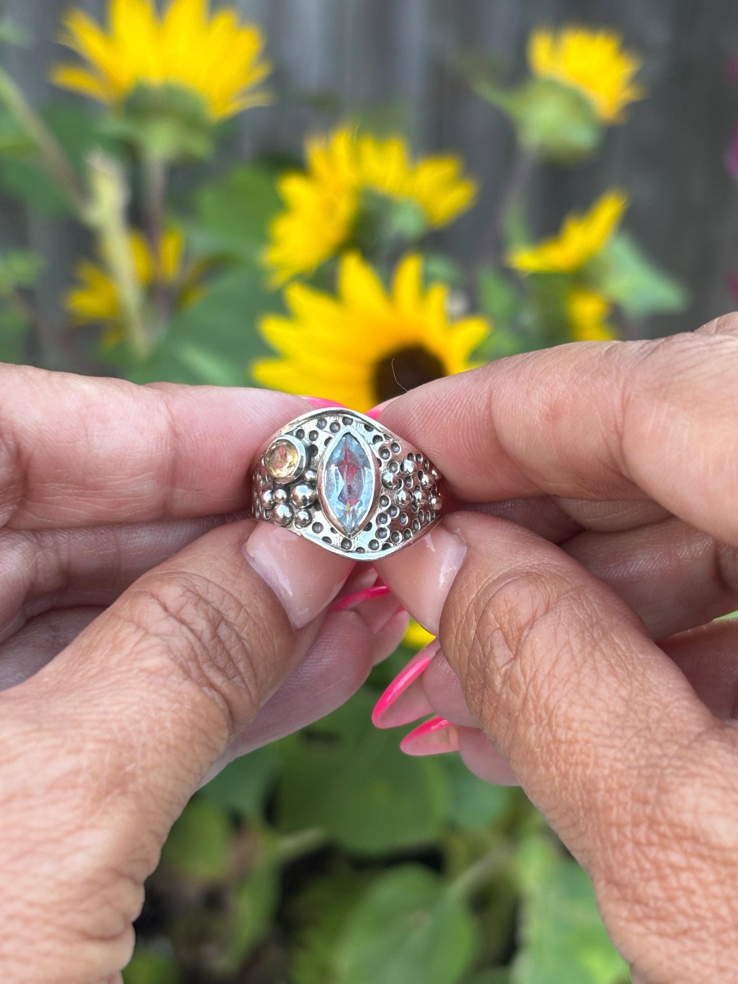 Sterling Silver Ring with Faceted Blue & Citrine Gemstones – Bold Boho Statementy | Size 8