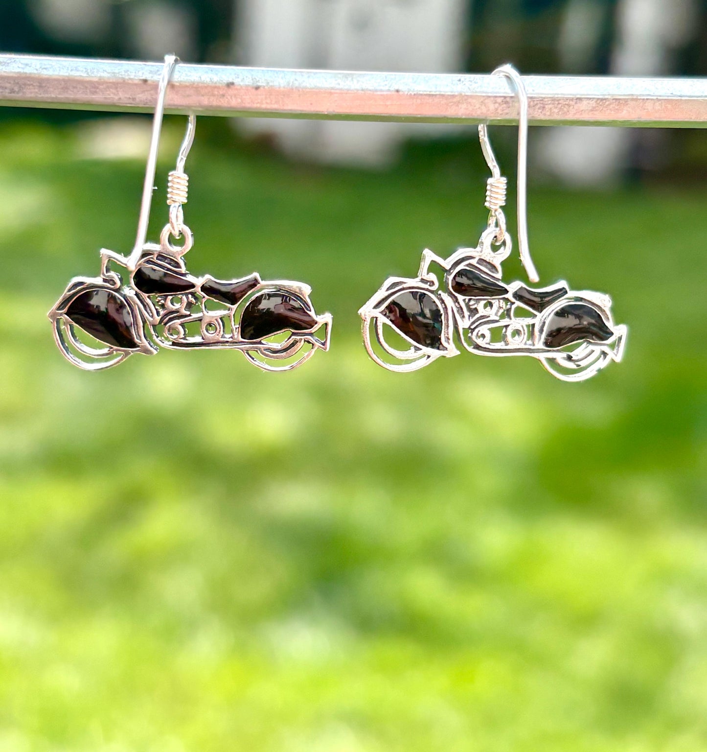 Vintage Sterling Silver Motorcycle Earrings with Black Accents