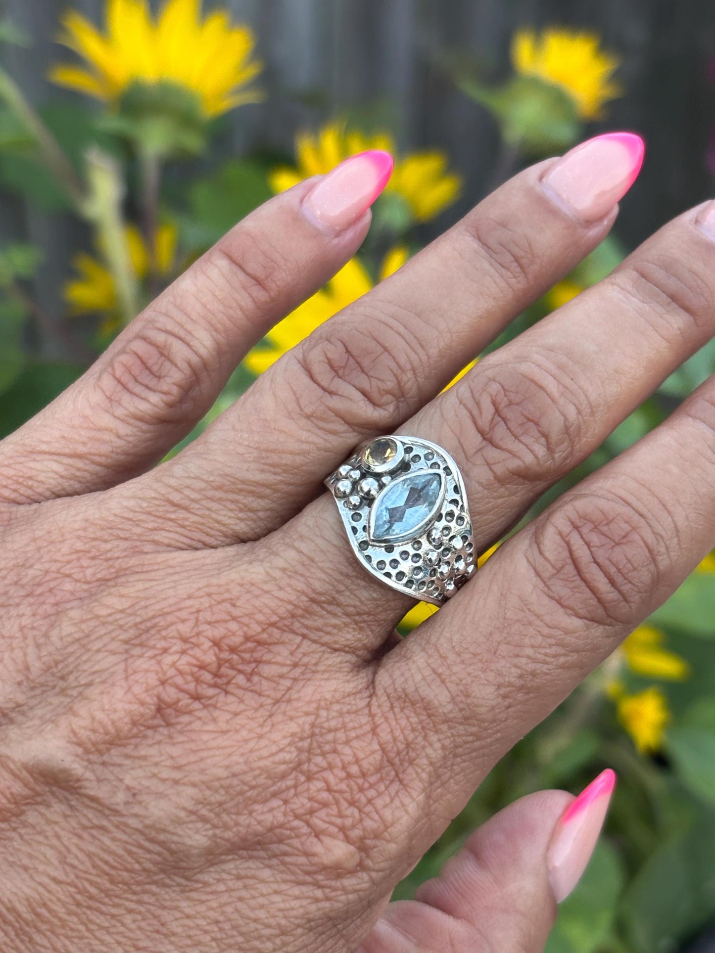 Sterling Silver Ring with Faceted Blue & Citrine Gemstones – Bold Boho Statementy | Size 8