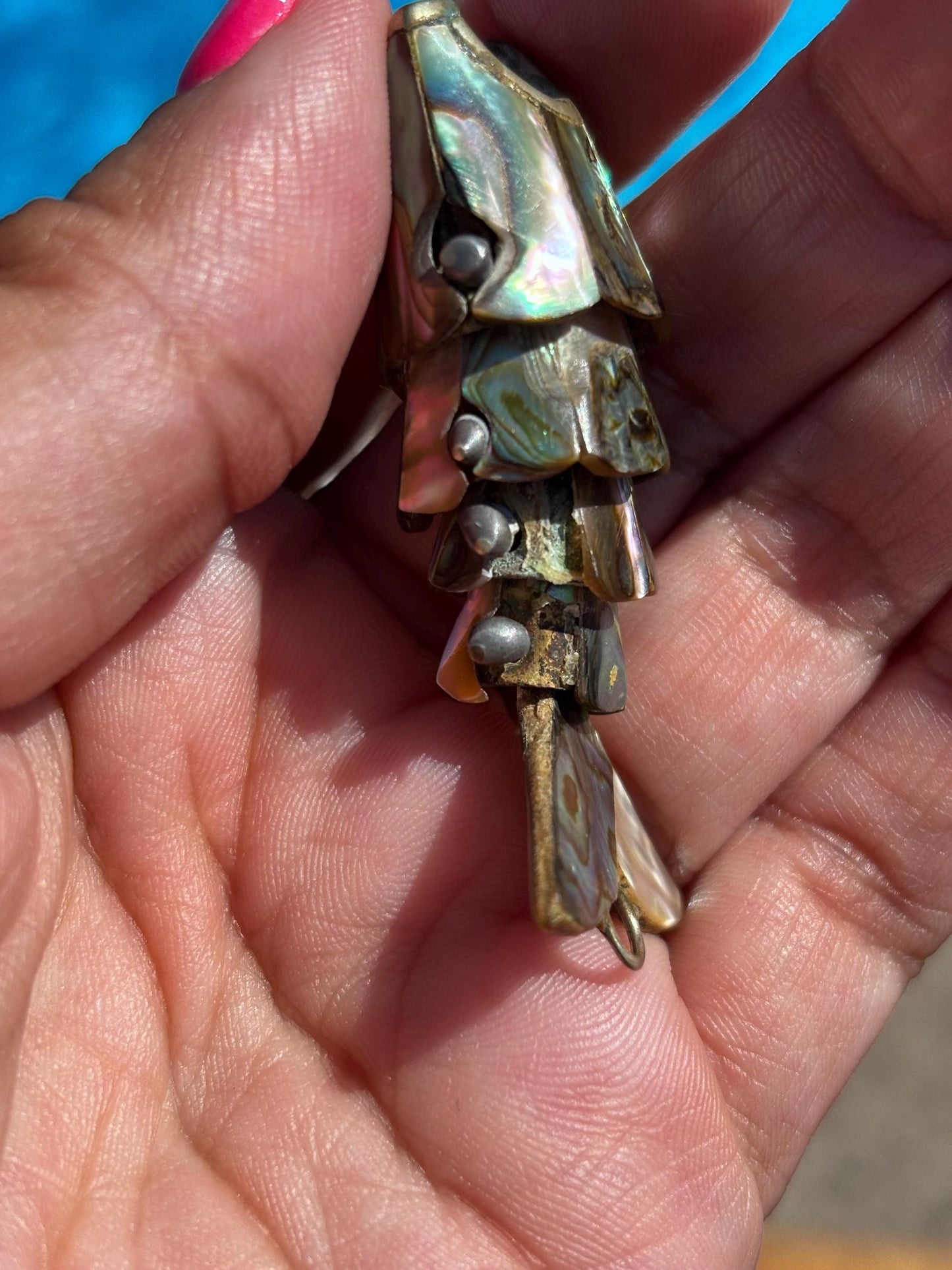 Vintage Articulated Mexican Fish Pendant/Keychain Bottle Opener with Abalone Inlay