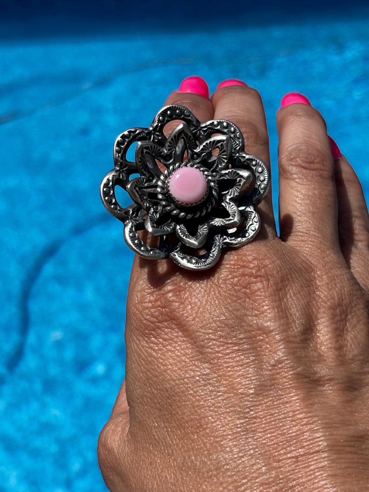 Navajo Sterling Silver Pink Conch Adjustable Flower Ring, Signed K Billah