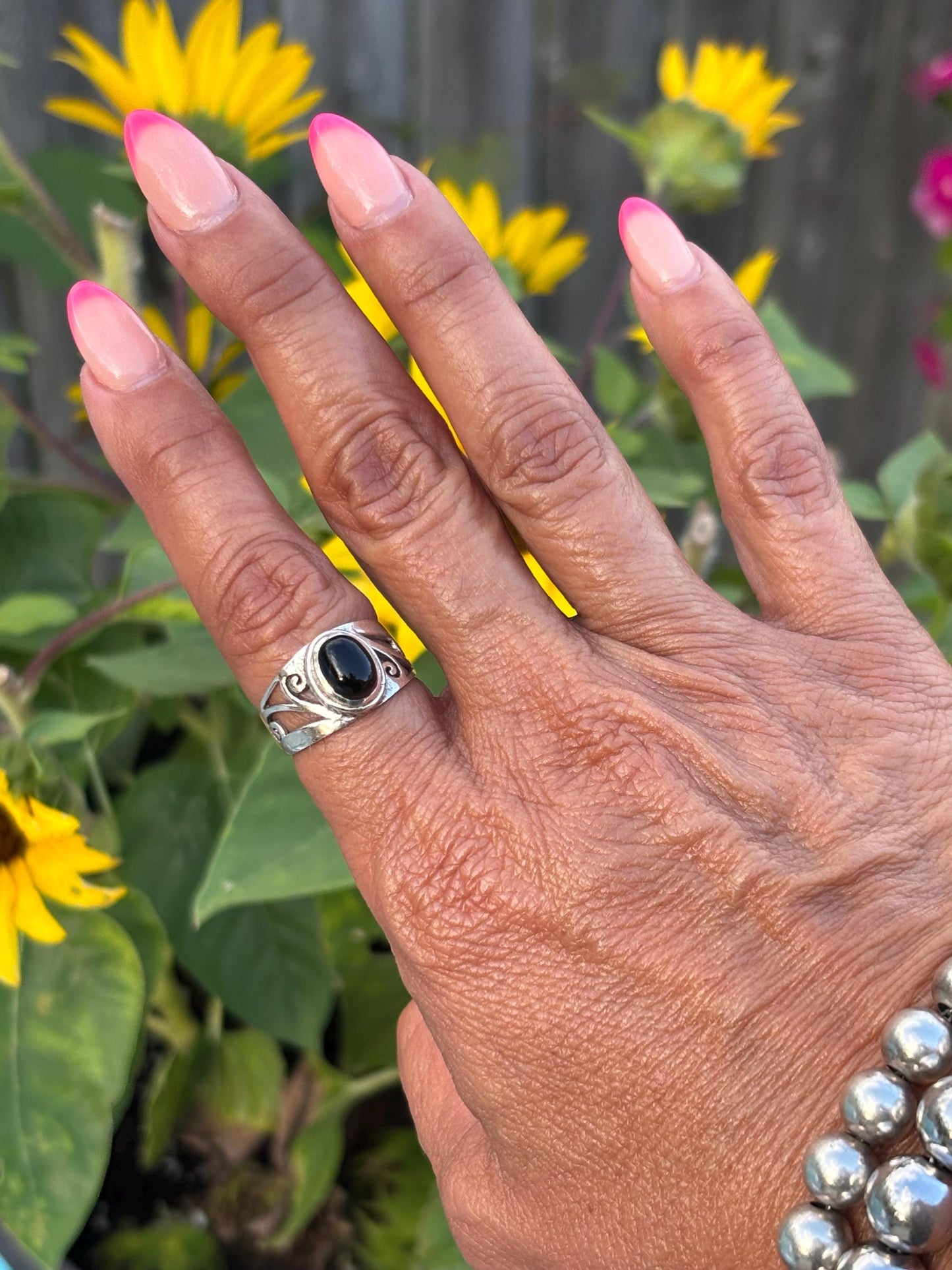 Sterling Silver Onyx Ring Modern Swirl Band Statement Jewelry, Size 7