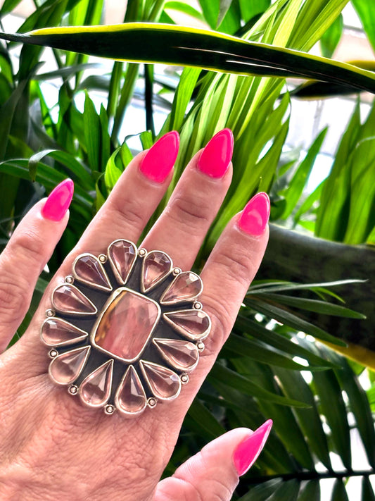 Federico Jimenez Sterling Silver Rose Quartz Ring | Oversized Statement Cocktail Ring | Collectible Designer Jewelry