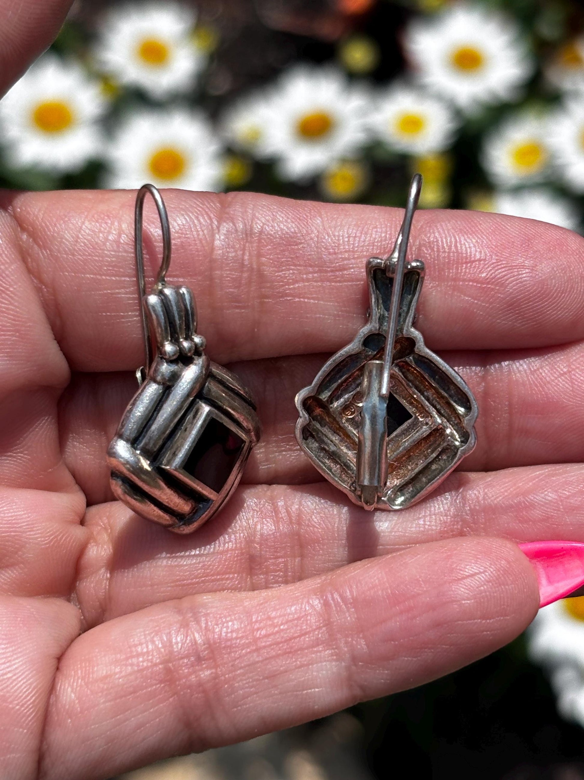 Vintage Sterling Silver & Black Onyx Dangle Earrings – Bold Geometric Design