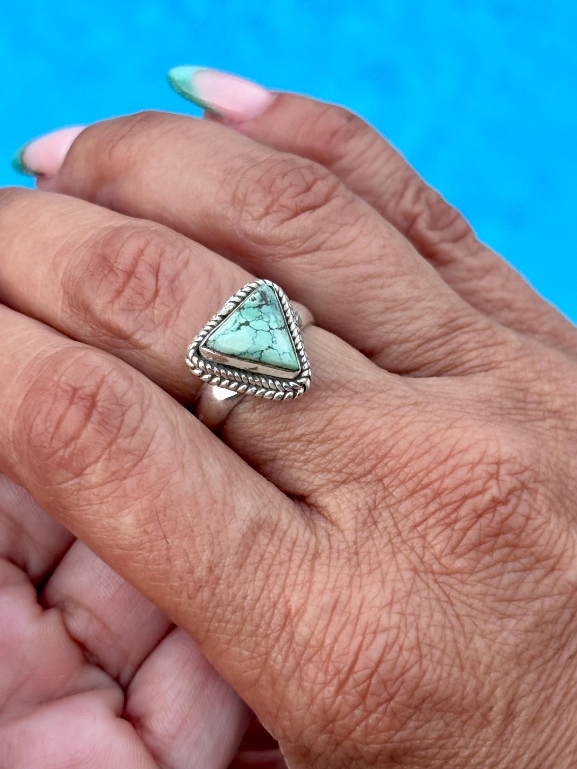 Sterling Silver Triangle Turquoise Ring – Size 8