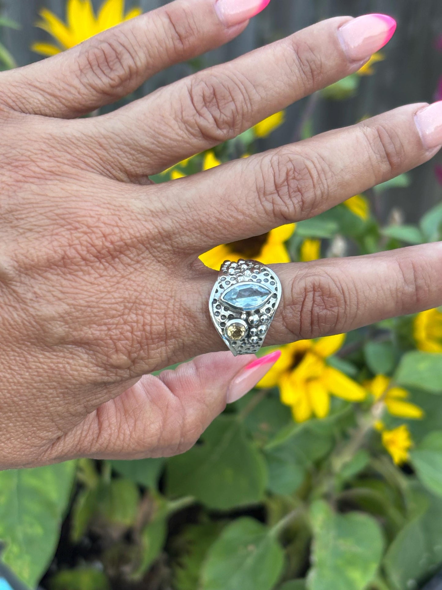 Sterling Silver Ring with Faceted Blue & Citrine Gemstones – Bold Boho Statementy | Size 8