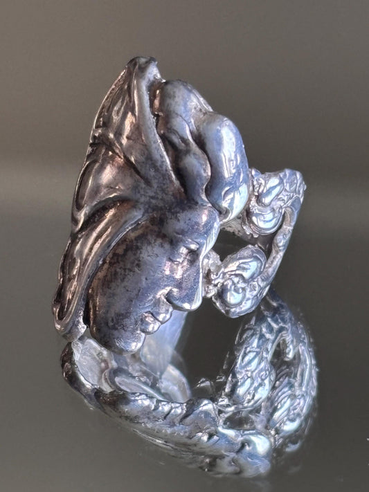Vintage Sterling Silver Art Nouveau Face and Butterfly Ring - Size 8 1/2