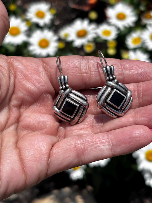 Vintage Sterling Silver & Black Onyx Dangle Earrings – Bold Geometric Design