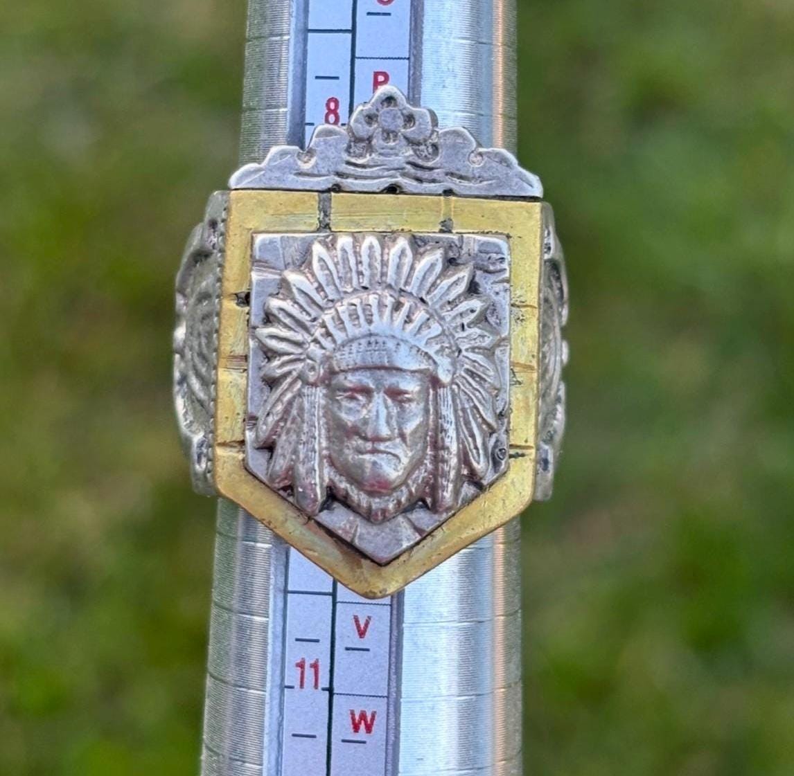 Vintage Mexican Biker Ring. Crowned Aztec Chief Ring, c. 1940s, size 9.75