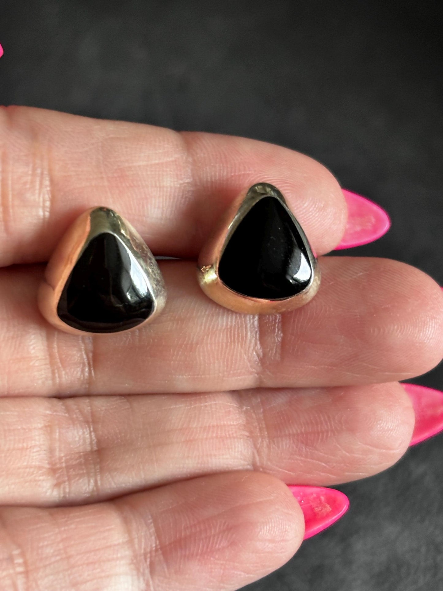 Vintage Sterling Silver Black Onyx Earrings | Bold Triangle Teardrop Studs