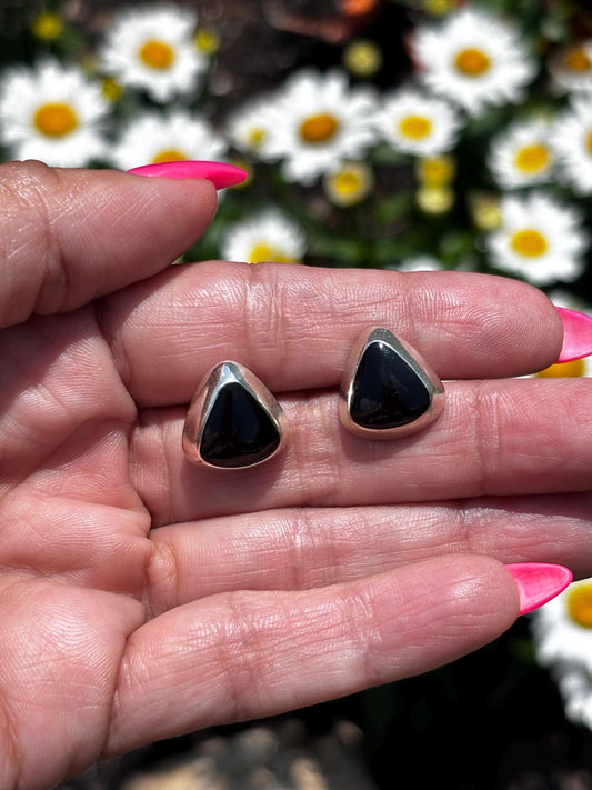 Vintage Sterling Silver Black Onyx Earrings | Bold Triangle Teardrop Studs