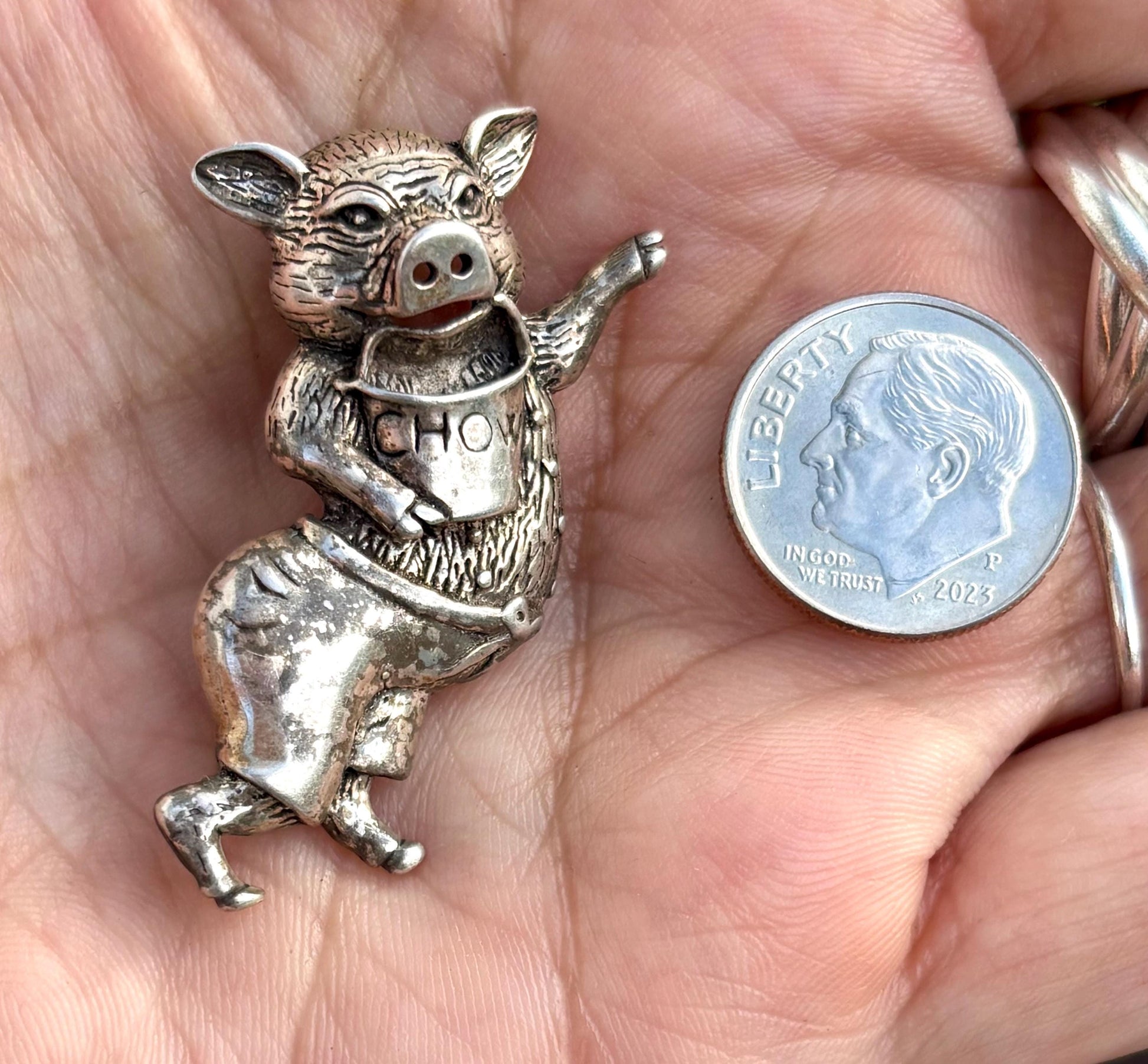Vintage Jezlaine Sterling Silver Dancing Pig Brooch | “Chow” Bib | Collectible Figural Jewelry