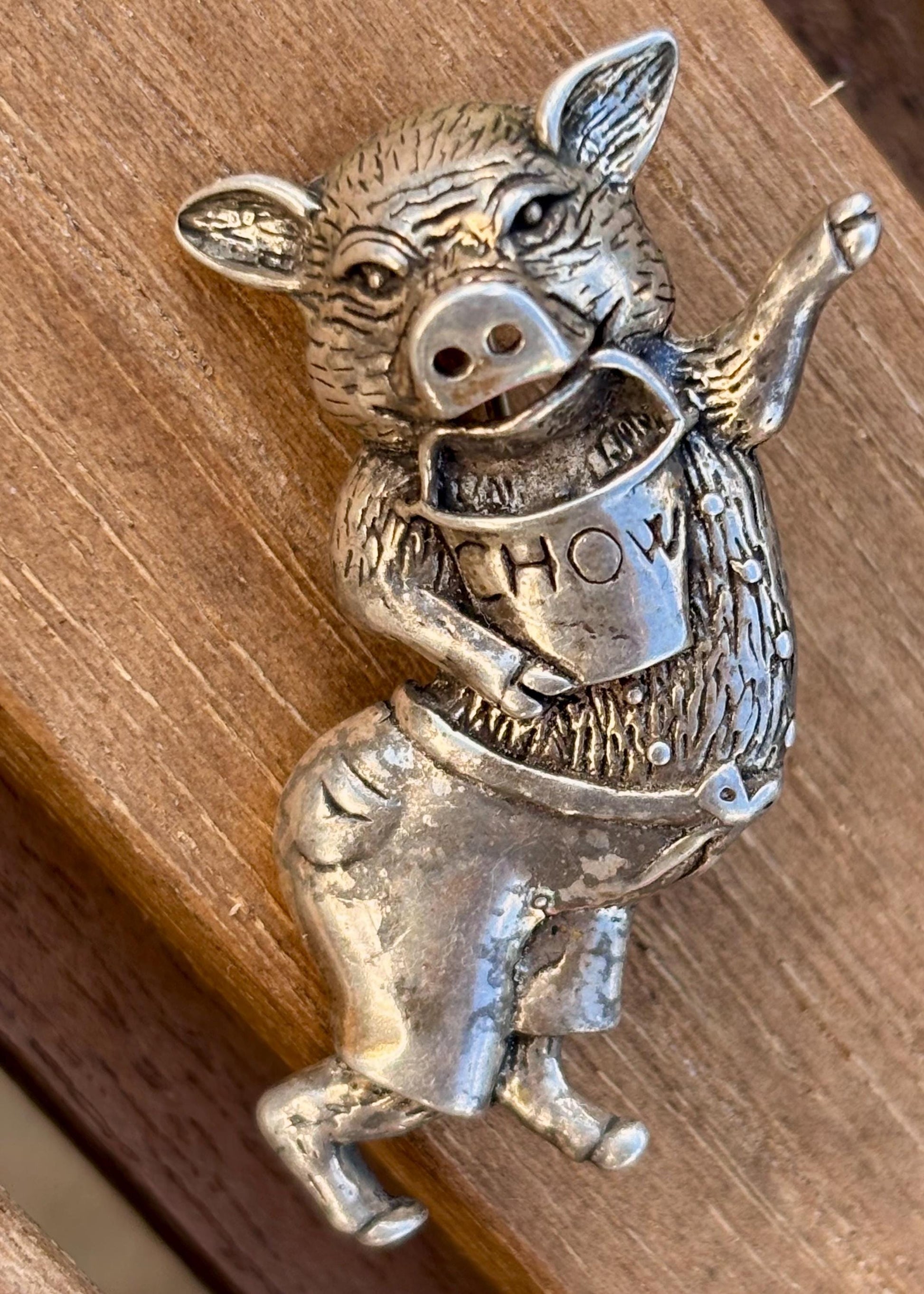 Vintage Jezlaine Sterling Silver Dancing Pig Brooch | “Chow” Bib | Collectible Figural Jewelry