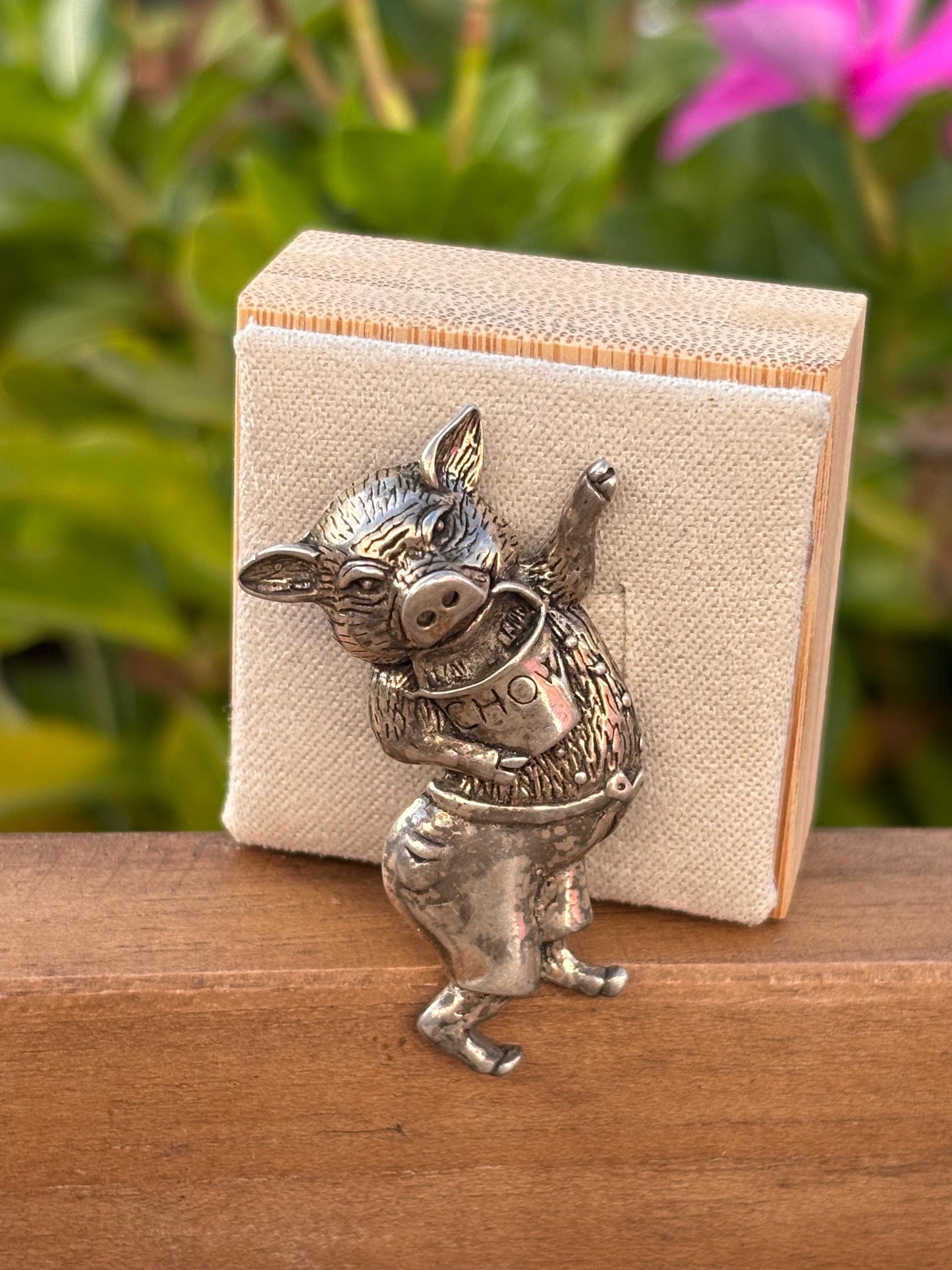 Vintage Jezlaine Sterling Silver Dancing Pig Brooch | “Chow” Bib | Collectible Figural Jewelry