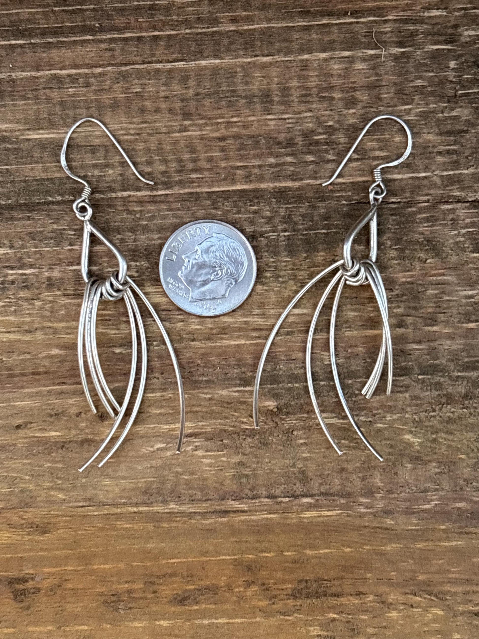 Vintage Sterling Silver Dangle Earrings – Modernist Abstract Fringe Design
