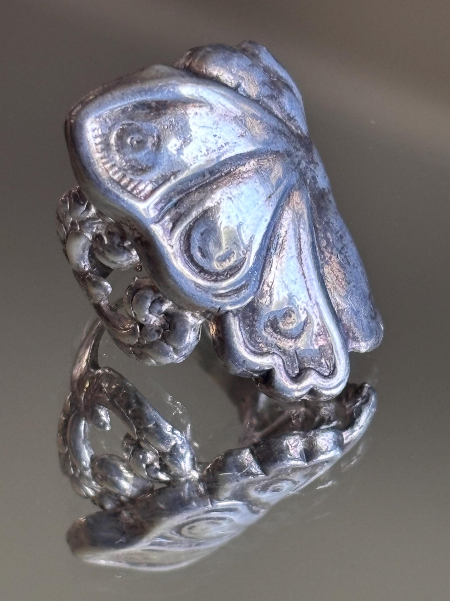Vintage Sterling Silver Art Nouveau Face and Butterfly Ring - Size 8 1/2