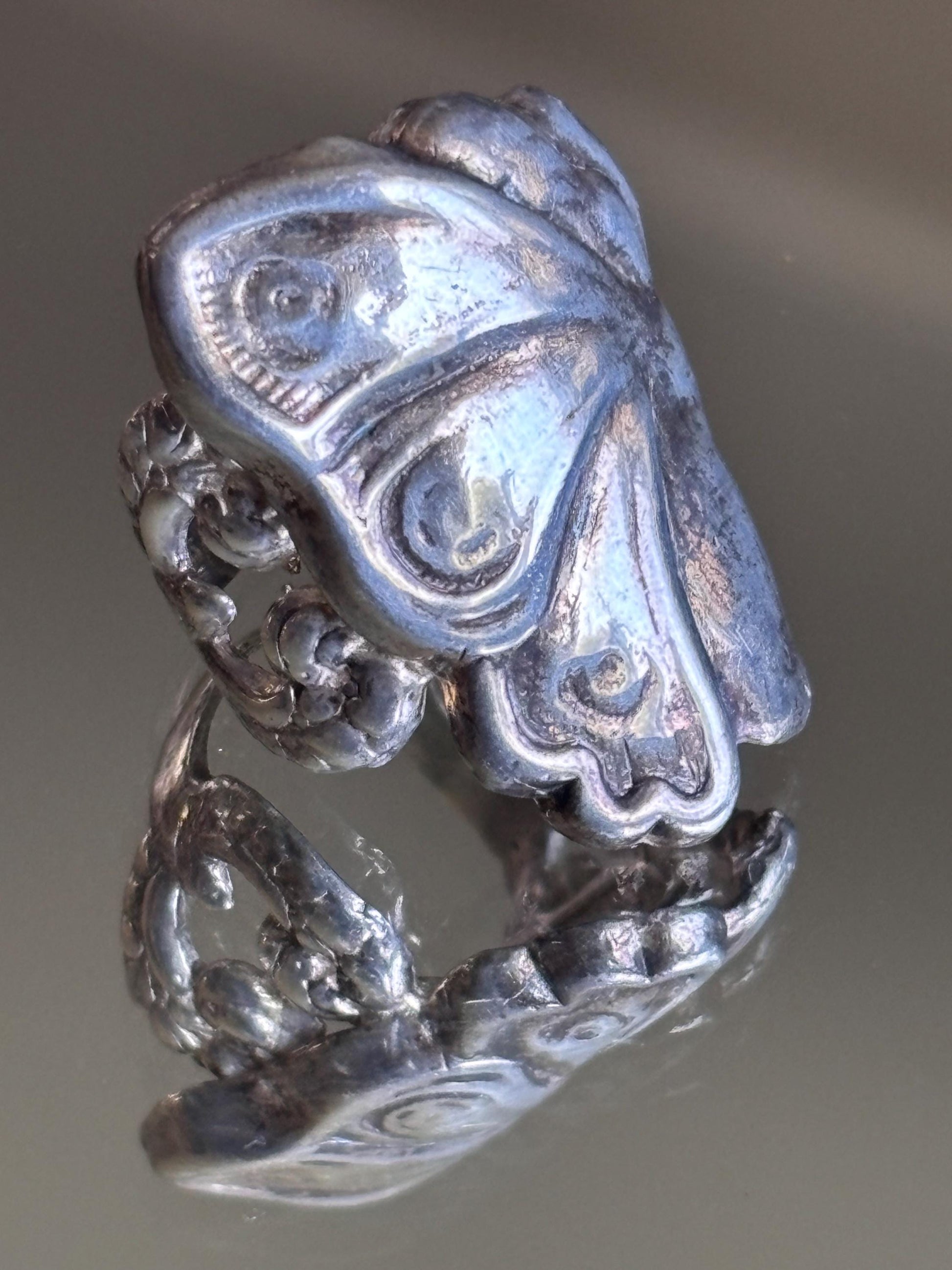 Vintage Sterling Silver Art Nouveau Face and Butterfly Ring - Size 8 1/2