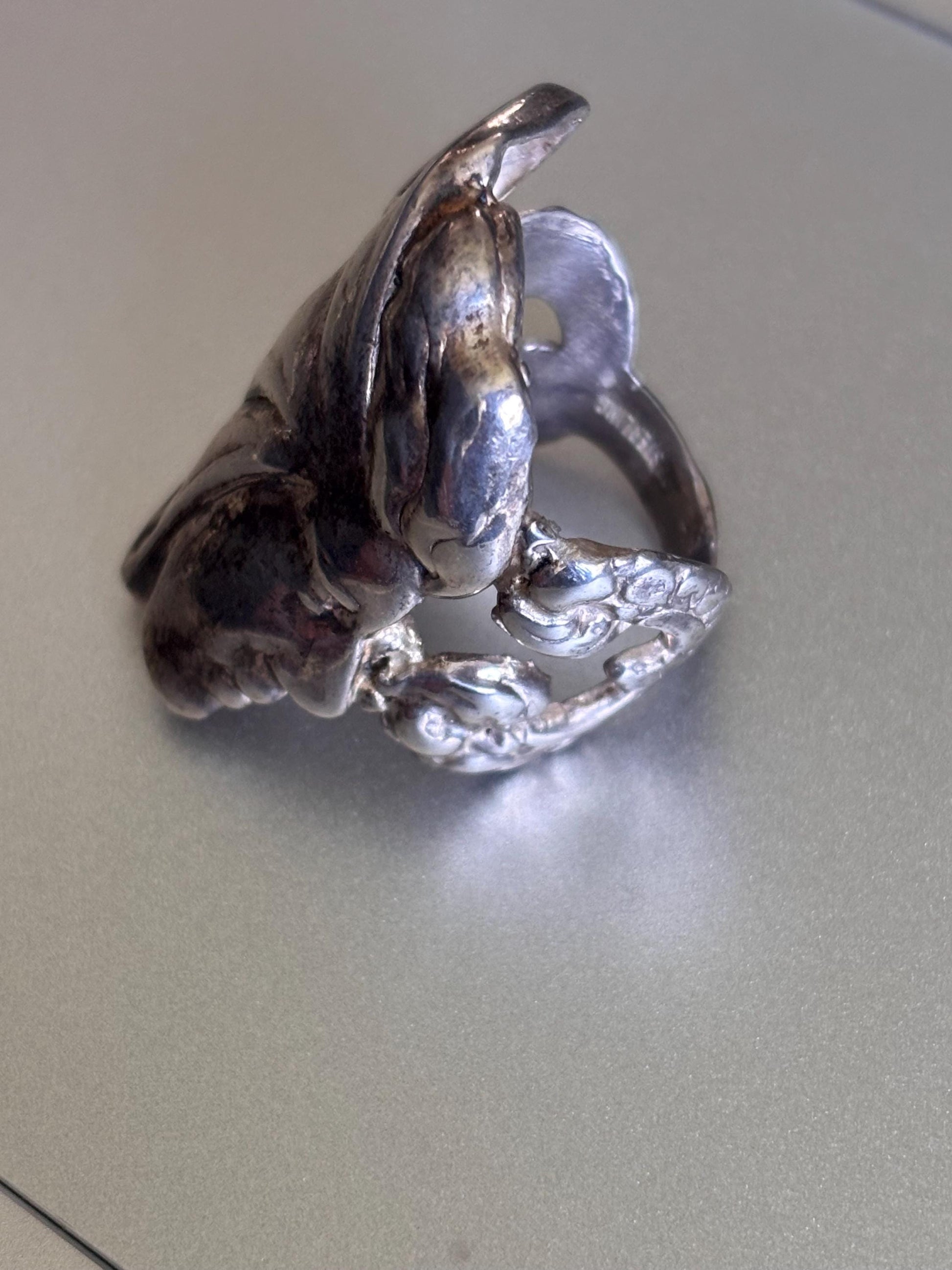 Vintage Sterling Silver Art Nouveau Face and Butterfly Ring - Size 8 1/2