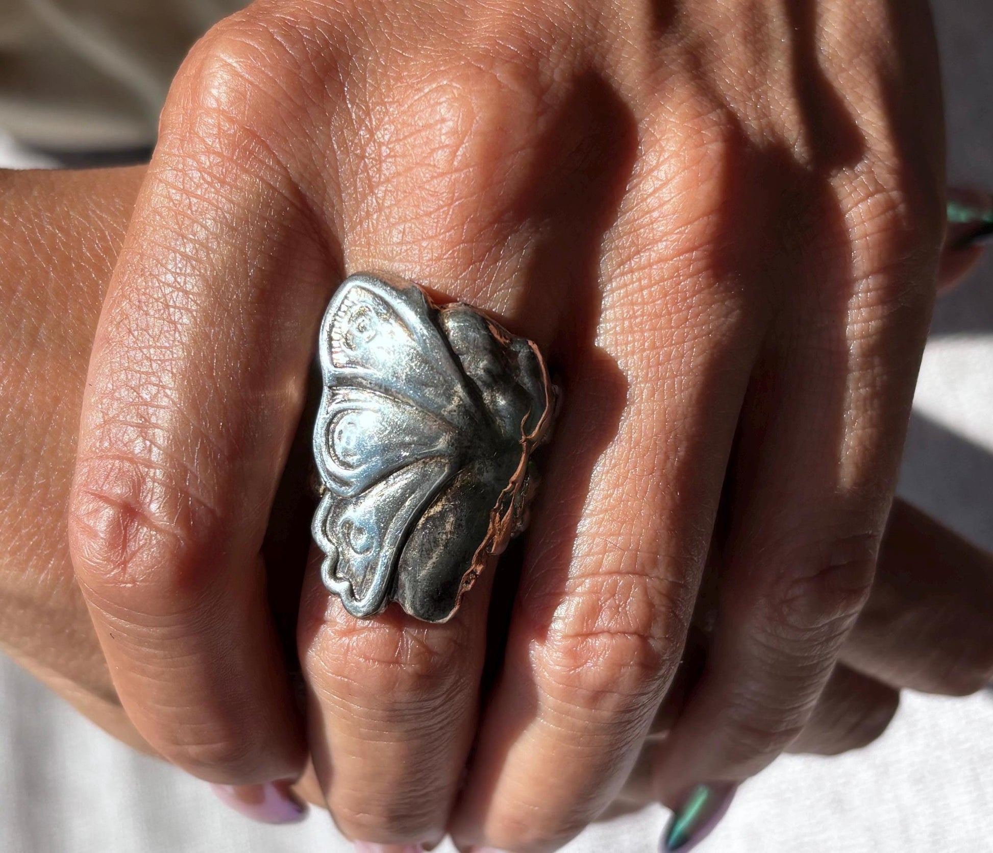 Vintage Sterling Silver Art Nouveau Face and Butterfly Ring - Size 8 1/2