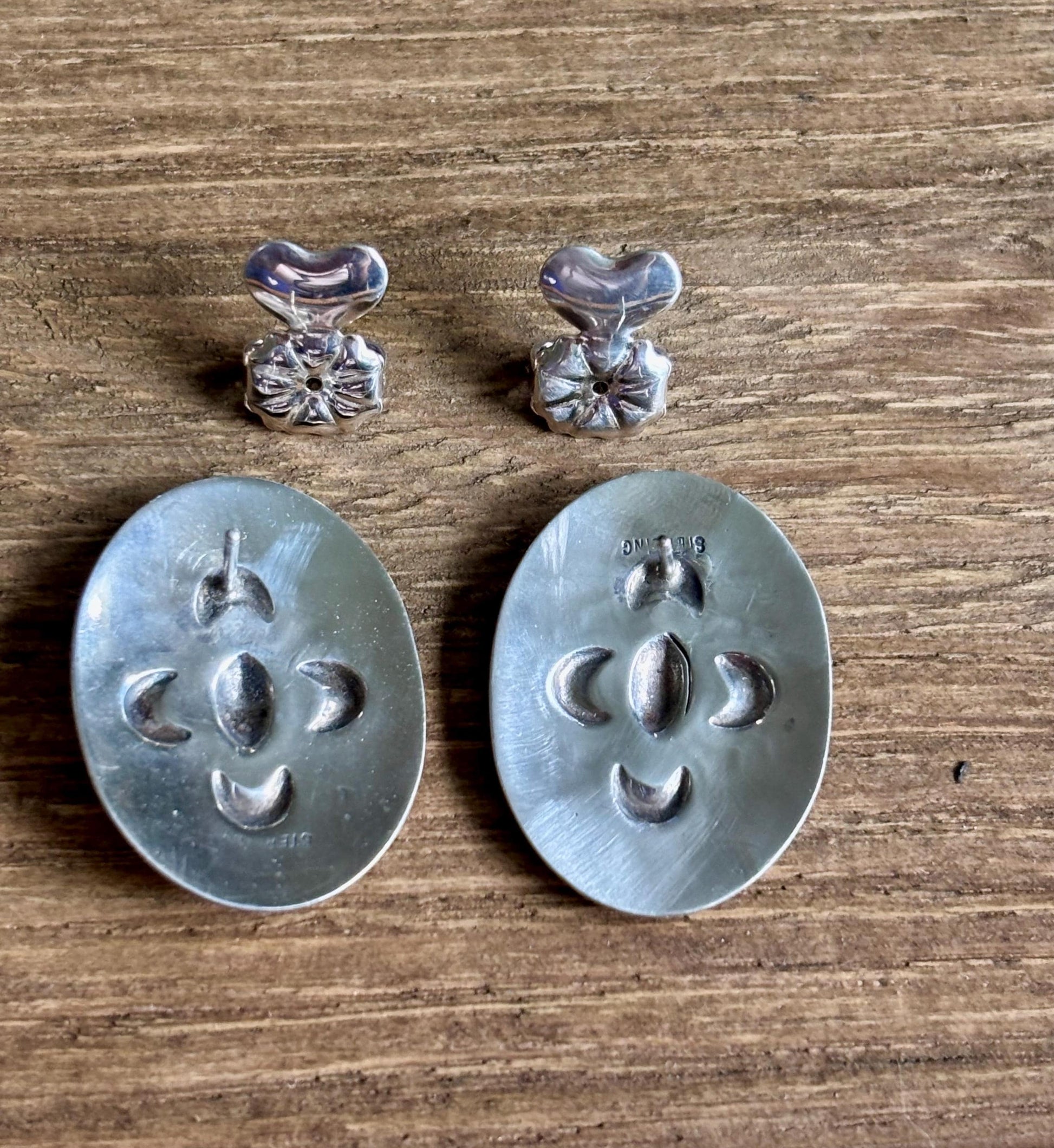 Vintage Sterling Silver Oval Concho Earrings with Heart Backs