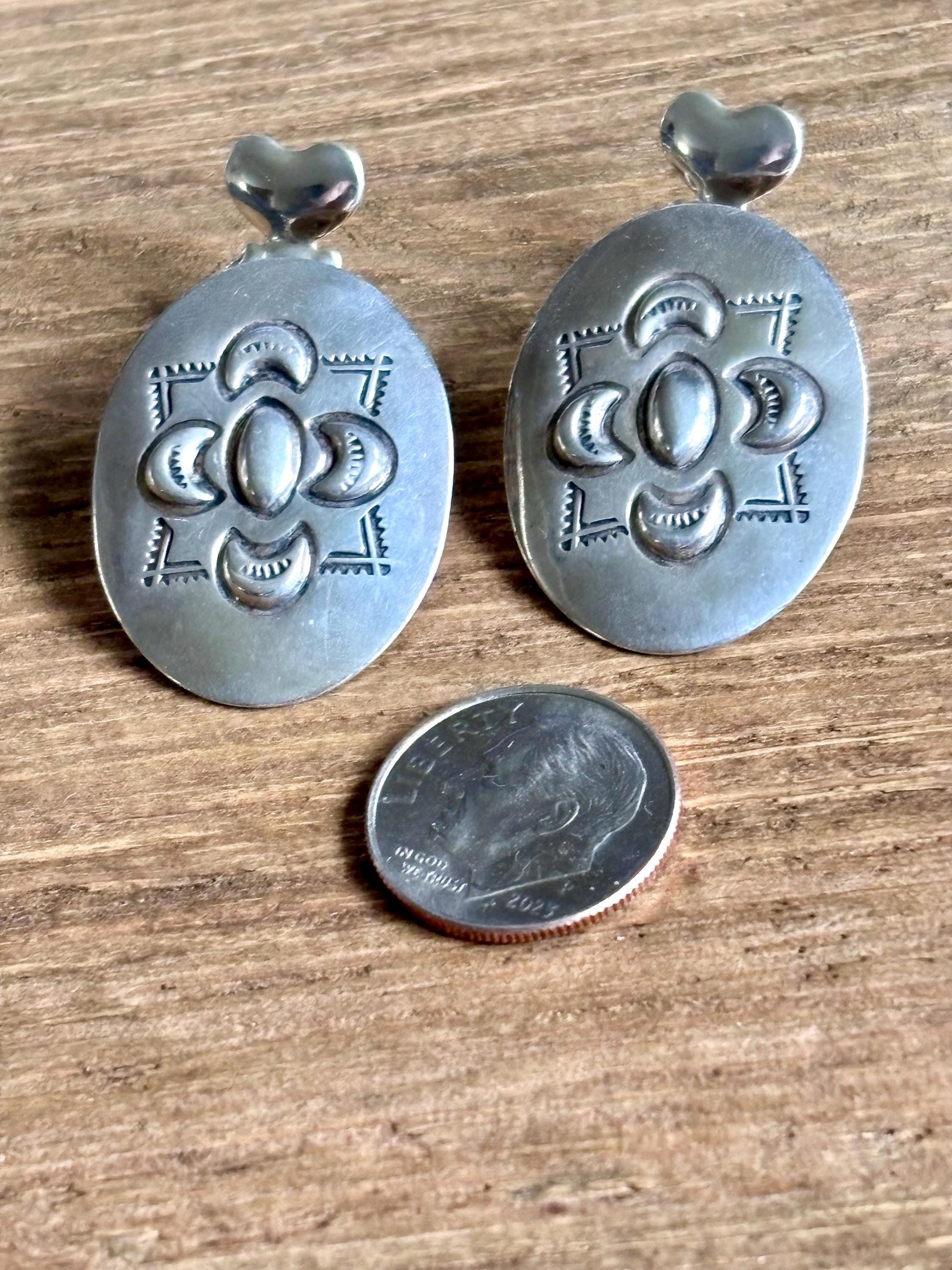 Vintage Sterling Silver Oval Concho Earrings with Heart Backs