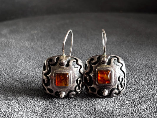 Silpada Sterling Silver Amber Earrings | Ornate Scroll Dangle | Retired Silpada Jewelry