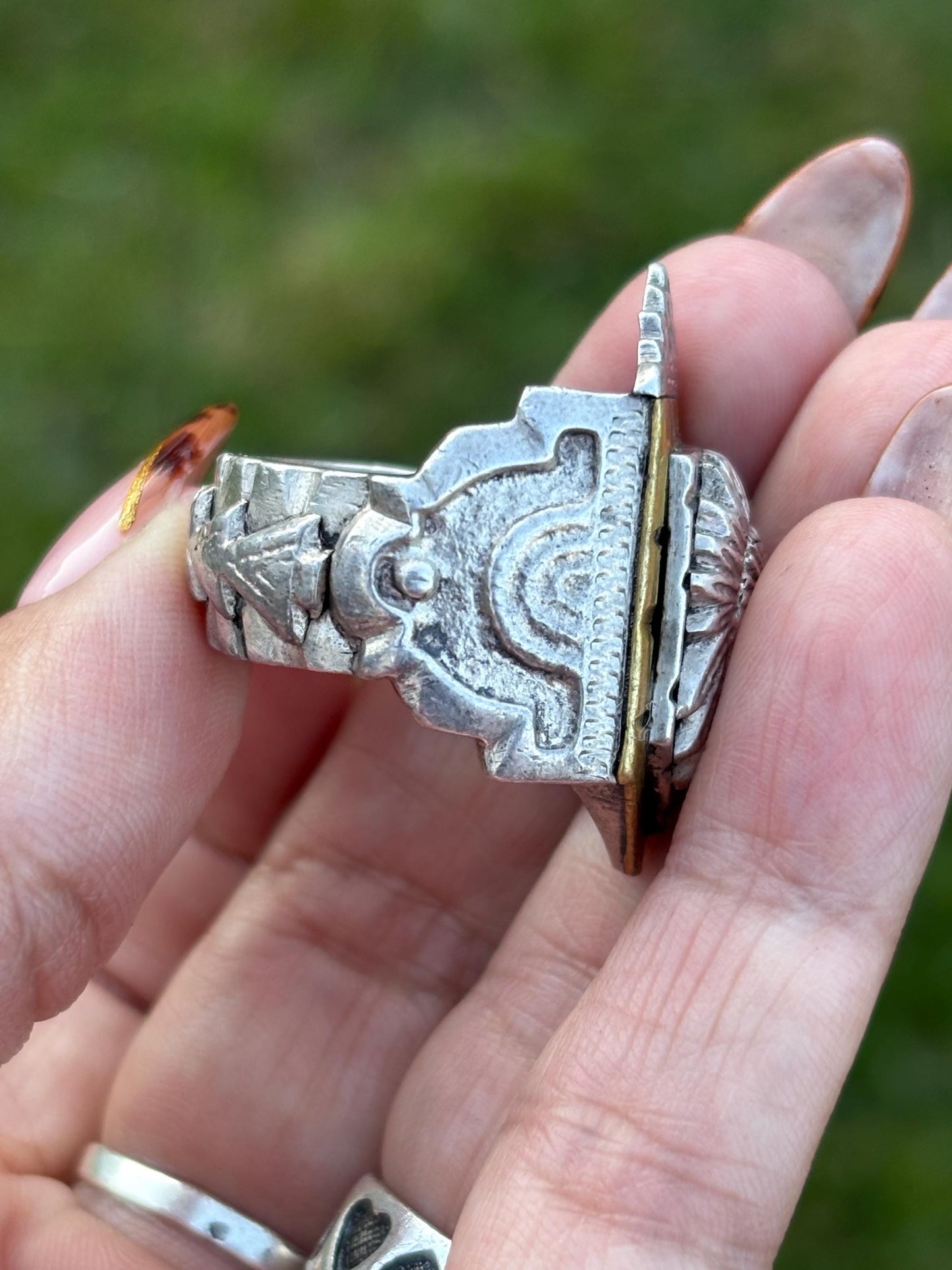 Vintage Mexican Biker Ring. Crowned Aztec Chief Ring, c. 1940s, size 9.75