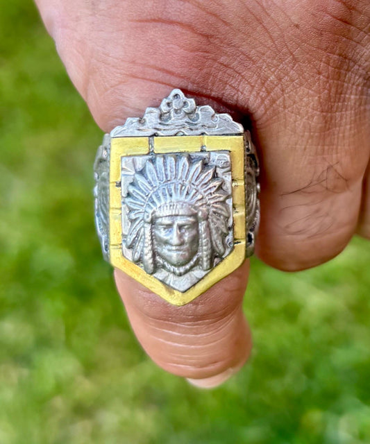 Vintage Mexican Biker Ring. Crowned Aztec Chief Ring, c. 1940s, size 9.75