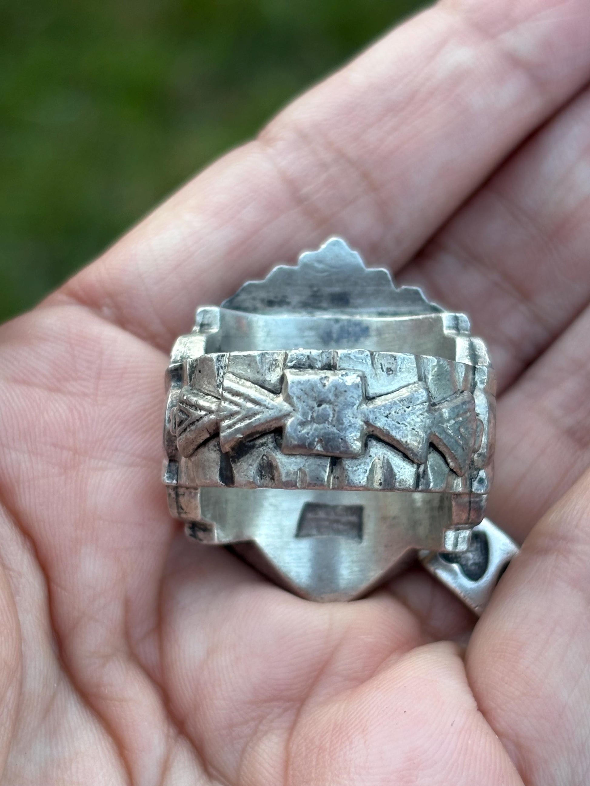 Vintage Mexican Biker Ring. Crowned Aztec Chief Ring, c. 1940s, size 9.75