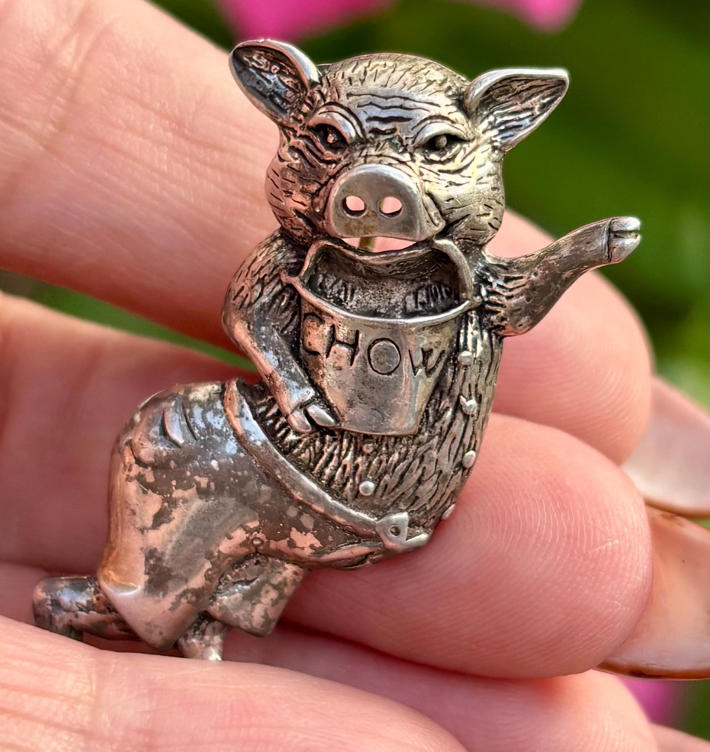 Vintage Jezlaine Sterling Silver Dancing Pig Brooch | “Chow” Bib | Collectible Figural Jewelry