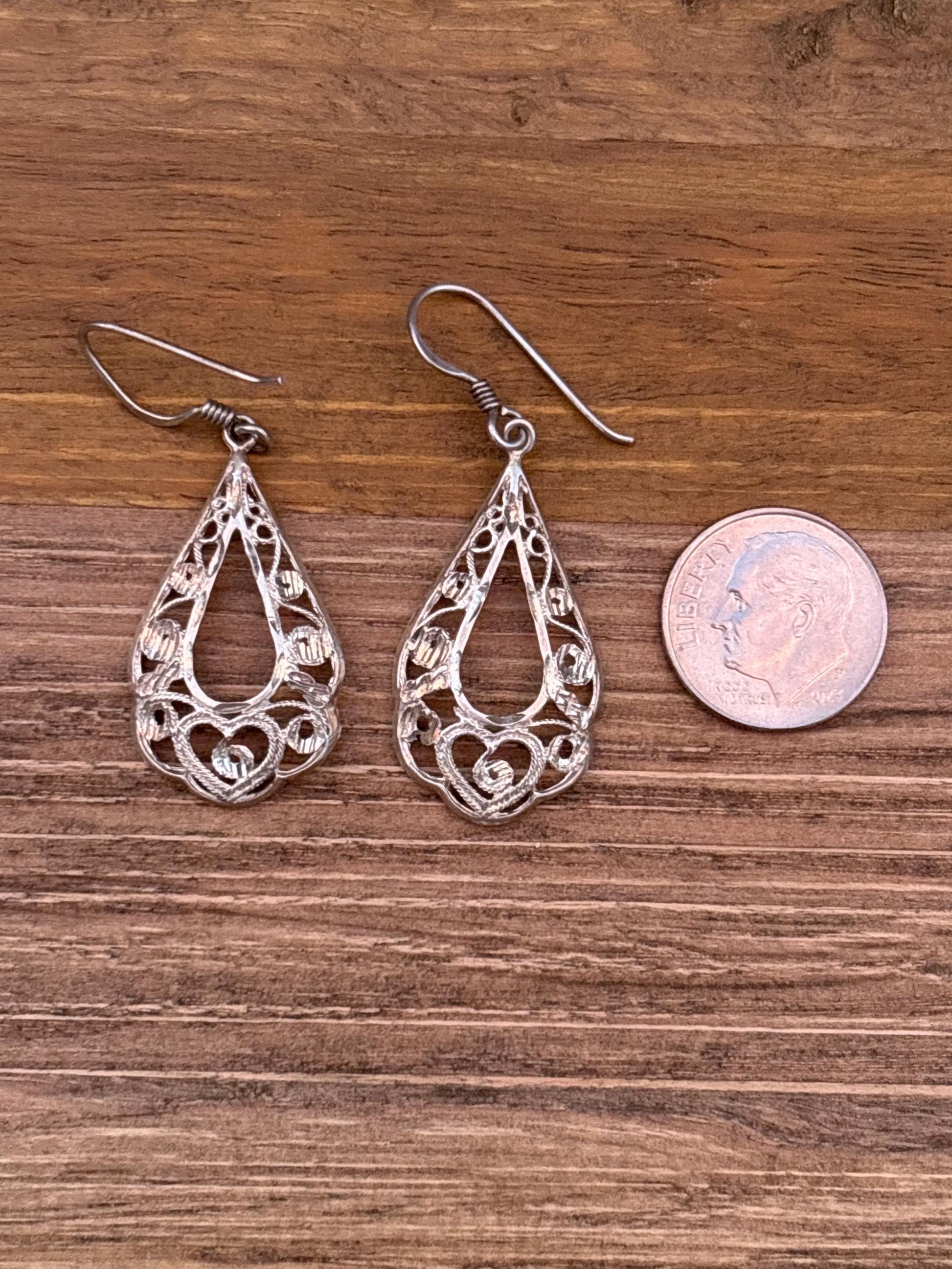 Vintage Sterling Silver Filigree Teardrop Earrings | Lightweight Dangle | 925