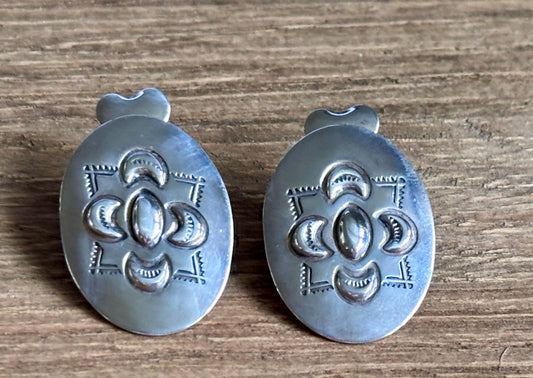 Vintage Sterling Silver Oval Concho Earrings with Heart Backs