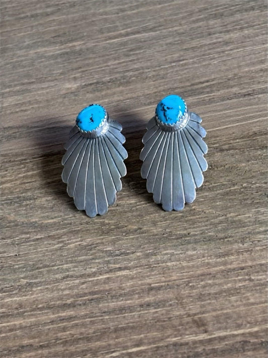 Vintage Sterling Silver Turquoise Earrings | Southwest Navajo Style Fan Studs