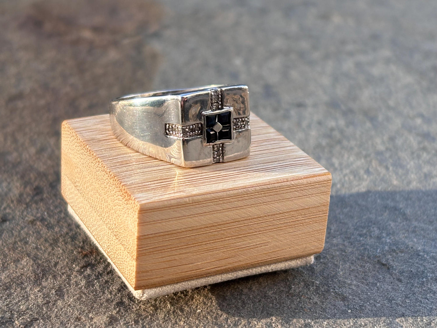 Sapphire and Diamond Ring: Sterling Silver Geometric Square, Size 13.5