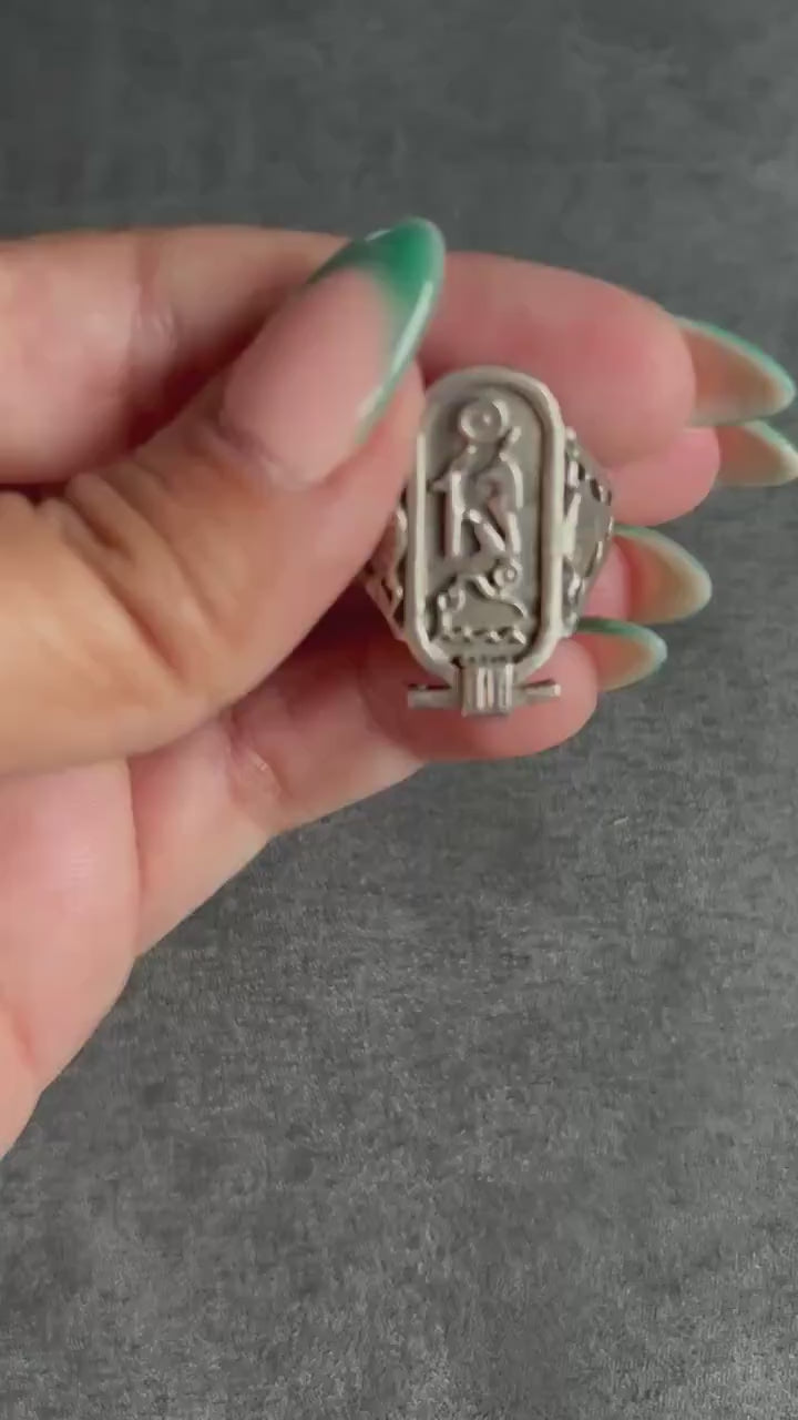 Vintage Egyptian Revival Sterling Silver Ring | Hieroglyphic Design | Size 11