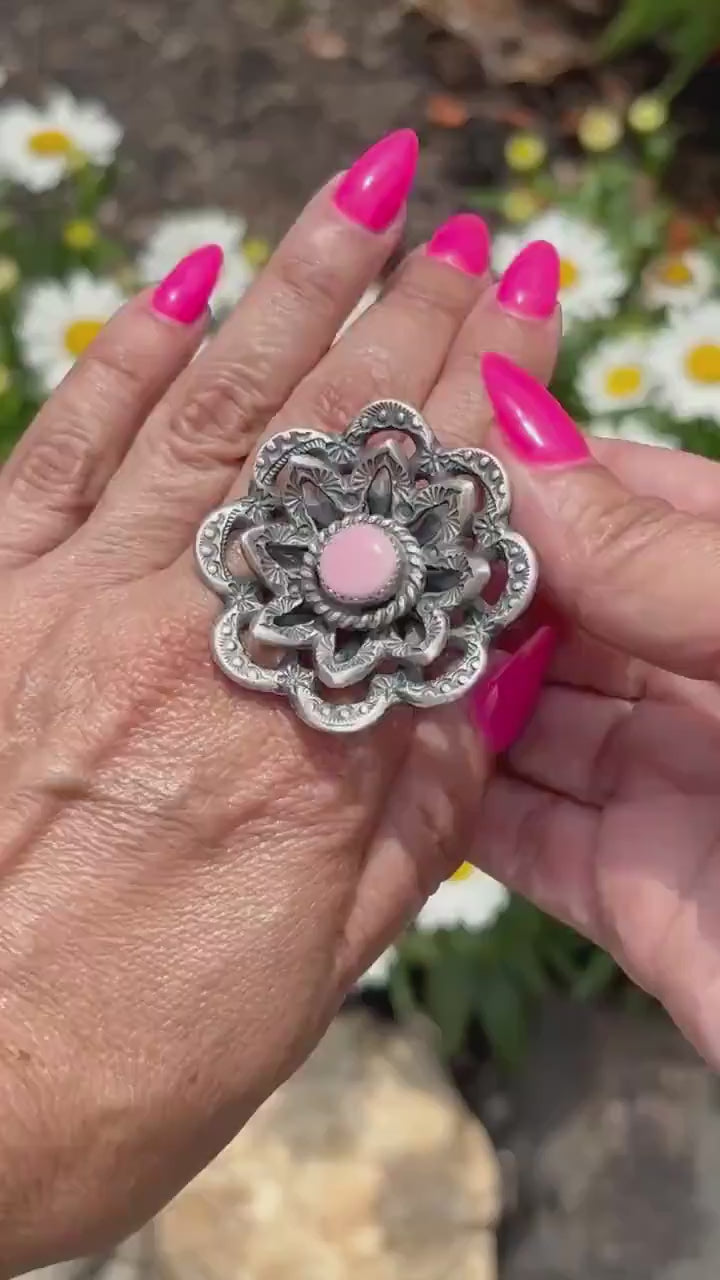 Navajo Sterling Silver Pink Conch  Flower Ring, Signed K Billah