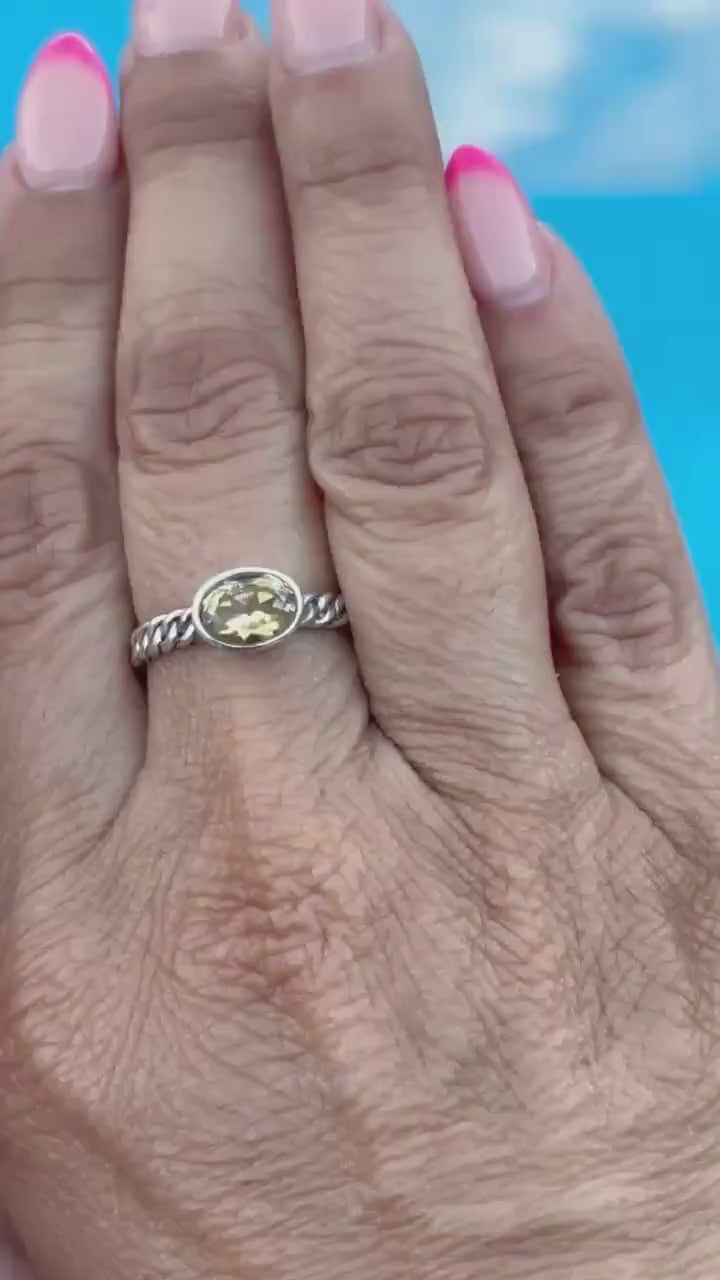 Sterling Silver Citrine Ring – Rope Band Design – November Birthstone Jewelry  | Size 7 - 7 1/4