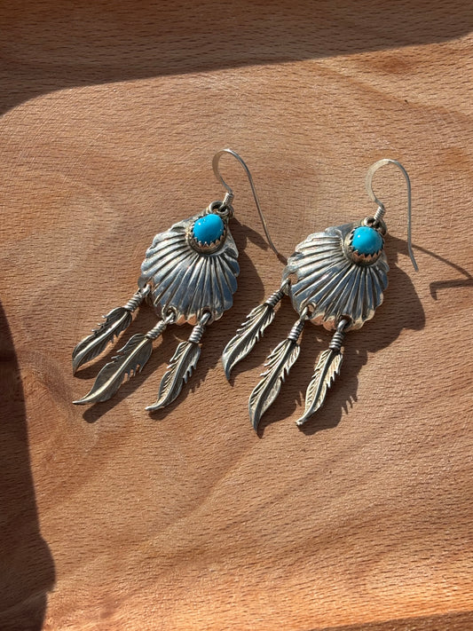 Sterling Silver Turquoise Feather Dangle Earrings