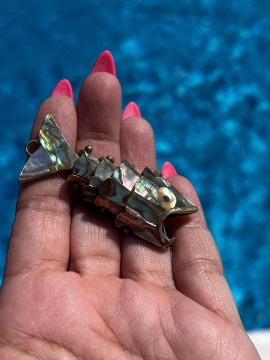 Vintage Articulated Mexican Fish Pendant/Keychain Bottle Opener with Abalone Inlay